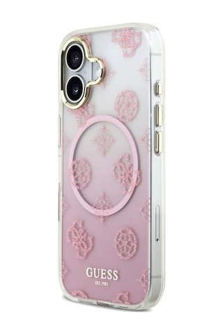 Apple Uyumlu iPhone 17 Kılıf Guess Lisanslı M-safe Şarj Özellikli Simli Peony Desenli Silikon Kapak Pembe Pembe