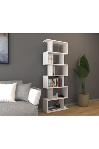6 Raflı Kitaplık Dekoratif Raf Zigzag Kitaplık Beyaz