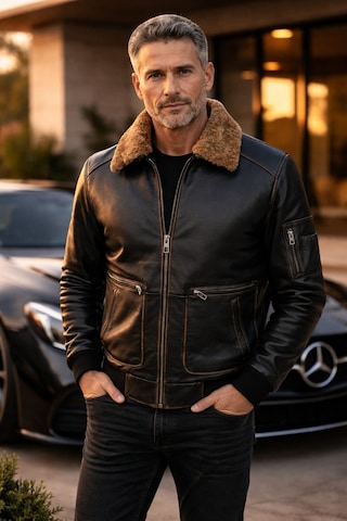 Viamod Leather Erkek Hakiki Deri Ceket Kürk Yakalı Siyah Premium Pilot Model Gerçek Deri Mont Üretici Garantili Siyah Eskitme
