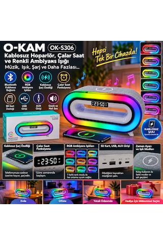 O-kam Ok-s306 Rgb Işıklı Bluetooth Hoparlör Kablosuz Şarj Özellikli Dijital Çalar Saat 7 Renk Ambiyans Işığı Usb Aux Sd Kart Destekli Masa Lambası