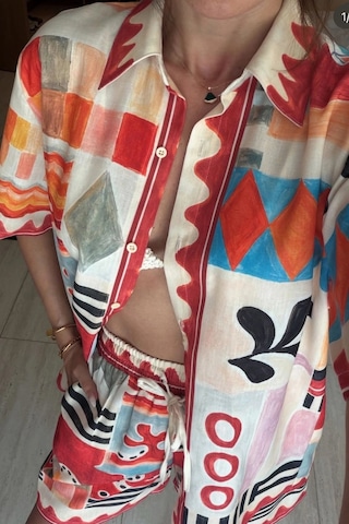 Asprinfashion Kadın İthal Sanatsal Desenli Gömlek Şort Takım Oversize Yazlık Viskon İkili Takım Kremit