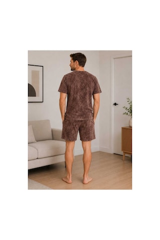 Pijamask Erkek Baskılı Şortlu Pamuklu Yazlık Pijama Takımı Kahverengi