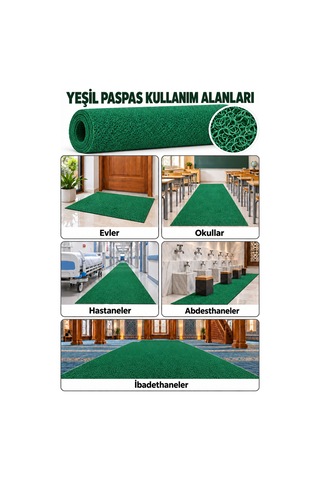 Hortumtech Kıvırcık Paspas Kir Tutucu Pvc Kapı Önü İç Dış Mekan Eko 12 Mm - Yeşil 100 X 280 Cm