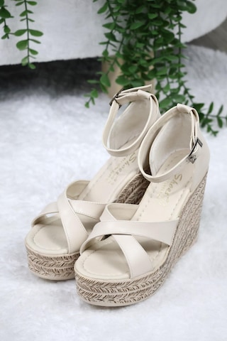Asmi Shoes Kadın Çapraz Bantlı Dolgu Topuklu 11cm Ayakkabı Rahat Yüksek Topuklu 700 Krem Krem
