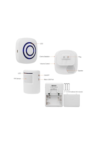 Suofeng Kablosuz Hareket Sensörlü Kapı Zili - 70m Menzil, 38 Melodi, Pır Algılama İle Ev Güvenlik Sistemi Beyaz