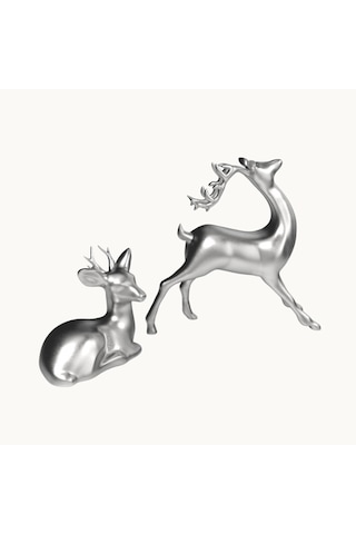 Dekoratif Gümüş Renk 2'li Geyik Biblo Seti