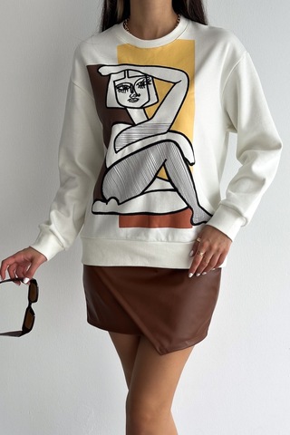 Femelle Nakış İşlemeli - İçi Pamuklu Sweatshirt Ekru