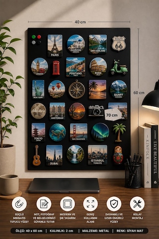 Yiğit Metal Mıknatıslı Pano Siyah Ofis/çalışma Odası İçin Mıknatıs Hediyeli Metal Magnet Hatıra Panosu 50x70cm 40 x 60 CM