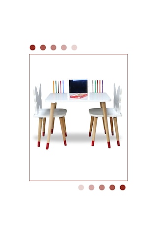Liva Ahşap Çocuk Aktivite Oyun Ve Ders Çalışma 1 Masa 2 Sandalye Takımı 2-6 Yaş Kelebekli -tablet Yeri Beyaz