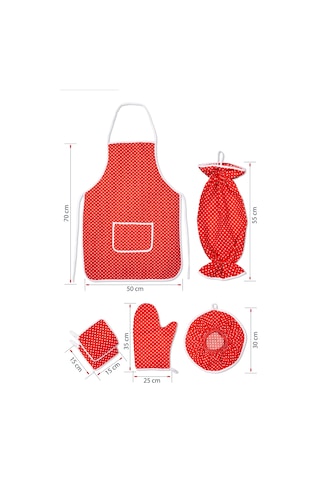 6 Parça Mutfak Seti & Mutfak Önlüğü , Fırın Eldiveni , 2li Tutacak , Organizer Poşetlik , Demlematikkırmızı Puantiye