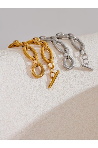 Gümüş Eetit 316l Paslanmaz Çelik Metal Doku Oval Zincir Bileklik Bileklik Kadınlar İçin 18 K Pvd Kaplama Geçiş-klasps Bildirimi Takı Gümüş