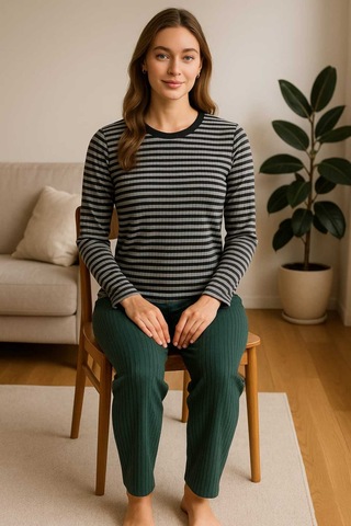 Tenra Kadın Pijama Takımı %100 Pamuk Yeşil Çizgili Yeşil