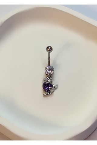 Mor Kalp Taş Detay Çiçek Model Çelik Piercing Gümüş