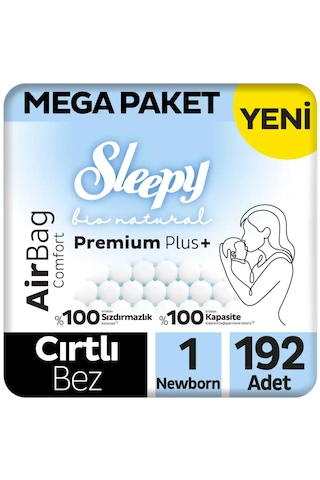 Sleepy Bio Natural Premium Plus Airbag Comfort Mega Paket Bebek Bezi 1 Numara Newborn 192 Adet