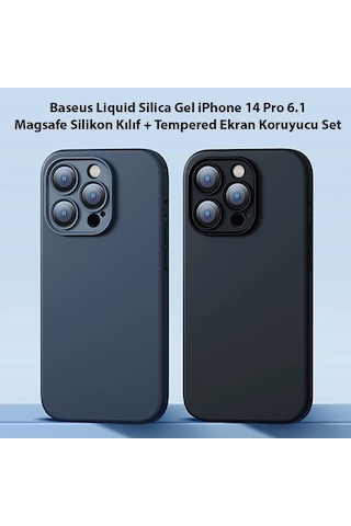Baseus Liquid Silica Gel Apple iPhone Uyumlu iPhone 14 Pro 6.1 Magsafe Silikon Kılıf + Tempered Ekran Koruyucu Set- 5775 Mavi