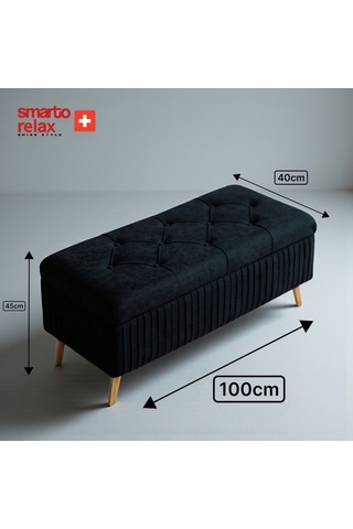 Smarto Relax Swiss Style Puf , Appenzell Kapitone Sandıklı Puf, Babyface Kaplama, 100x40x45 Cm, Ahşap Ayaklı ,sandıklı Dekoratif Puf Siyah
