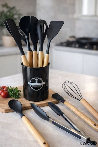 11 Parça Bambu Saplı Silikon Mutfak Seti Kaşıklıklı Isıya Dayanıklı Spatula Kepçe Çırpıcı Maşa Seti Siyah