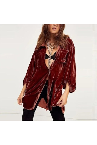 Sonbahar Gevşek Fener Kollu Uzun Gömlek Ofis Kadın Moda Kadın Gömlek Kış Altın Kadife Bluz Kadın Giysileri Tops 30091 Kahverengi