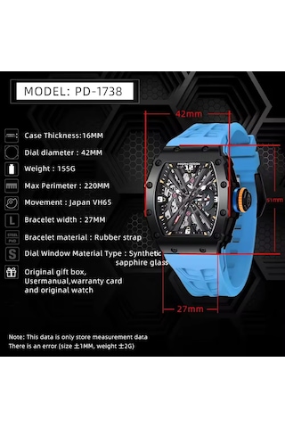 PD-1738 Tonneau Saat Erkek 42MM Su Geçirmez Kuvars Japon VH65 Safir Kristal Paslanmaz Çelik İş Saati