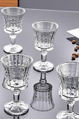 Modern Çizgili Desenli 6 Lı Ayaklı Cam Kahve Yanı Su Bardak Seti Takımı Şeffaf