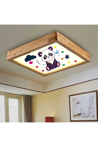 Ahşap Çerçeve Tavan Led Aydınlatma Avize 60X60Cm Kids Pandabeyaz