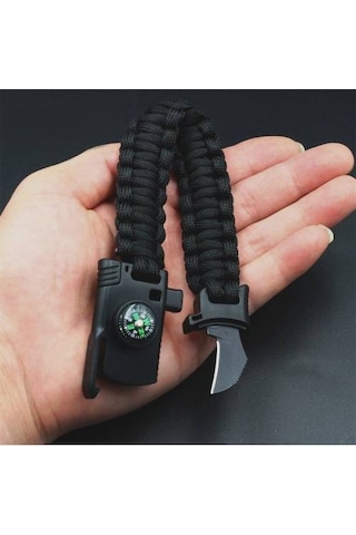 Paracord Survival Bileklik Bıçak Pusula Ateş Başlatıcı Magnezyum Siyah