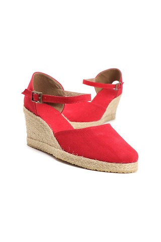 Star Tombis Gerçek Elişi Bilekten Bantlı Topuğu Açık Keten Espadril Dolgu Topuk Handmade Kırmızı