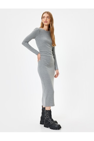 Koton Midi Boy Kalem Elbise Fitilli Uzun Kollu Bisiklet Yaka Slim Fit Gri 5wak80033ek