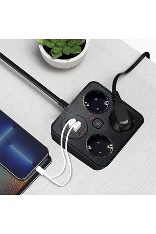 Akım Korumalı Anahtarlı Priz - 3x Priz - 2x Usb - 2x Type-c - 2 Mt Kablo Hızlı Şarj Özellikli Siyah Standart