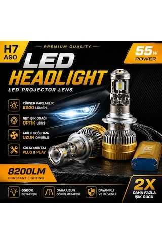 H7 A90 Led Xenon 55w 8200lm Optik Lensli 6500k Beyaz Işık Far Ampulü