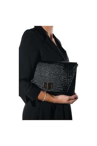 Maorı Siyah Baskı Rugan Kadın Clutch Çanta