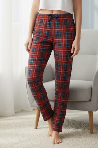 Elemge Kadın Kırmızı Pijama Altı Süet Kumaş Ekoseli Rahat Kalıp Kurdeleli Esnek Yumuşak Doku Cepsiz Kırmızı-lacivert