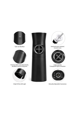 Sones Yerçekimi İndüksiyonlu Elektrikli Tuz Ve Karabiber Öğütücü Led Işıklı Ayarlanabilir Kaba Öğütücü Siyah