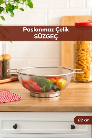 Porsima İvory Kulplu Paslanmaz Çelik Süzgeç Mutfak Eleği Meyve Ve Sebze Yıkama Aparatı Kevgir 22cm Paslanmaz Çelik