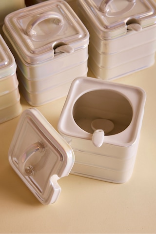 Bianca Pearl 7'li Porselen İnci Sedefli Kulplu Kapaklı Kare Form Baharatlık Takımı Beyaz Beyaz