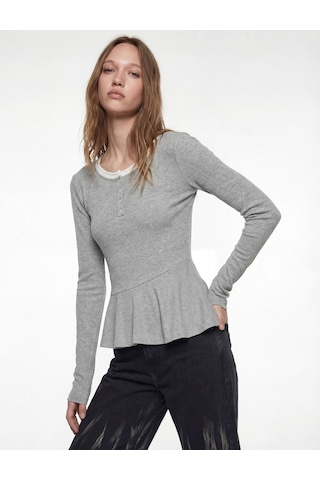 Koton Slim Fit Volanlı Bisiklet Yaka Biyeli Düğmeli Uzun Kollu Tişört Gri Melanj 6sal10208ık Gri Melanj