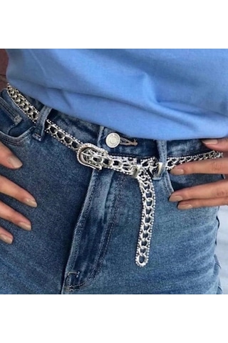 Eligequeen Kadın Zincir Desen Abiye Veya Günlük 100cm Gümüş Renk Kemer Gümüş