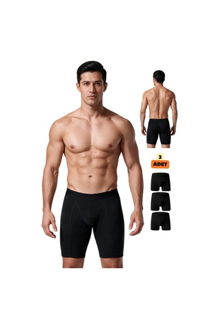 Cnt Erkek Uzun Paça Likralı 3'lü Boxer Premium Paket Gümüş Boxer Siyah Siyah