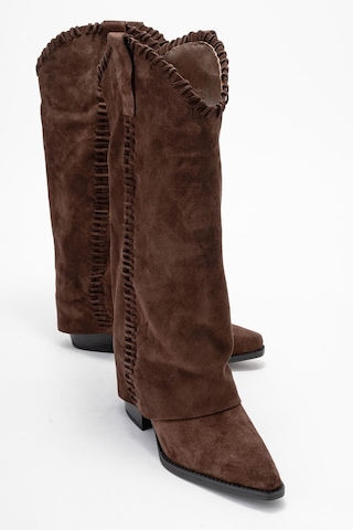 Luvishoes Velın Kahverengi Süet Hakiki Deri Dikişli Kadın Western Çizme Kahverengi