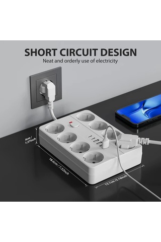 Honeybeeshop 1 Adet 14ü 1 Arada Şarj Koruma Güç Şeridi Kısa Kablo 8 Ac Çıkış 4 Usb A 2 Type C Beyaz