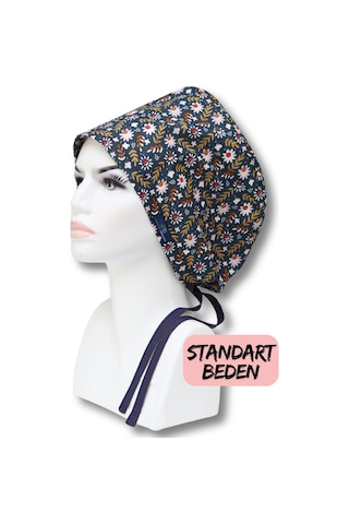 Standart Beden Yapraklı Lacivert Papatyalar Cerrahi Bone Doktor Hemşire Sağlıkçı Hastane Bonesi Renkli