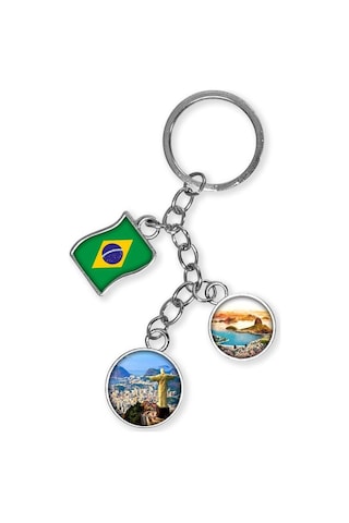 Brezilya Üçlü Epoksi Metal Çift Taraflı Damla Anahtarlık Brazil Gümüş