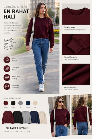 Luxıc Core Kadın Crop Bisiklet Yaka Sweatshirt Pamuklu Yumuşak Dokulu Günlük Spor Sweatshirt Bordo