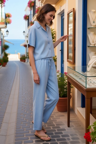 Benerly Kadın Büyük Beden Kısa Kollu Gömlek Yaka Denim Takım %100 Liyosel Mavi