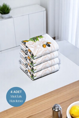 4lü Paket Baskılı Beyaz Mutfak Havlusu Modeli Zeytin