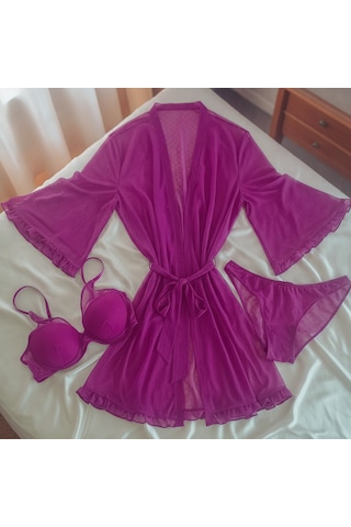Bonbon Kadın Çeyizlik Ve Bohçalık Tül Transparan Mor Renk Sütyen, Slip Ve Sabahlık 3 Lü Paket Bb2685 Pembe