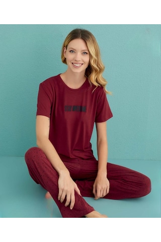 Mihra Kadın Bisiklet Yaka Milan Likralı Kısa Kol Pijama Takımı 50107/94- 1 Adet Bordo