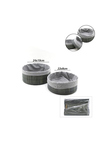 Gri 2 Boy Yuvarlak Bambu Kenar Organizer Sepet Ahşap Altlık - Bezli Çap 22x24cm Çok Renkli