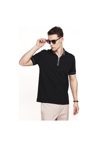 Tudors Erkek Polo Yaka Slim Fit Pamuk Fermuarlı Pike Siyah Tişört 27140 Siyah
