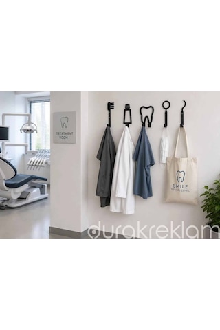 Diş Hekimi Temalı Metal Duvar Askılığı 5'li Dekoratif Diş Kliniği Askılık Siyah